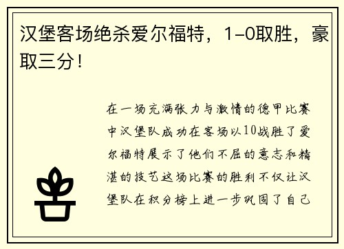 汉堡客场绝杀爱尔福特，1-0取胜，豪取三分！