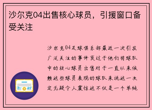沙尔克04出售核心球员，引援窗口备受关注